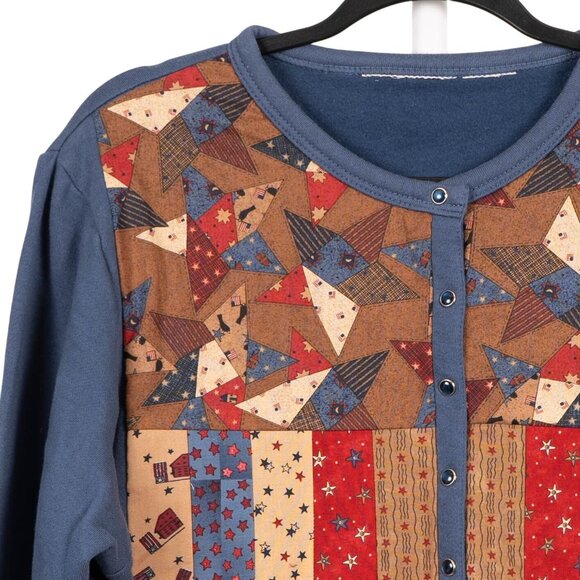Patriotic Patchwork Cardigan Sweatshirt L Blue Red Stars July 4th USA 90s Mom - Picture 2 of 5